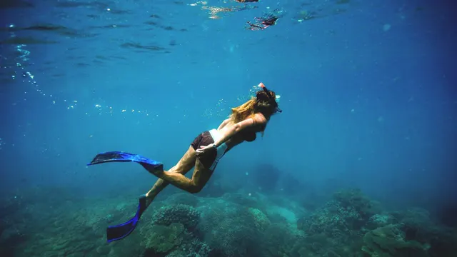 Snorkeller swimming over the coral reef at Chumbe Island Coral Park, Zanzibar